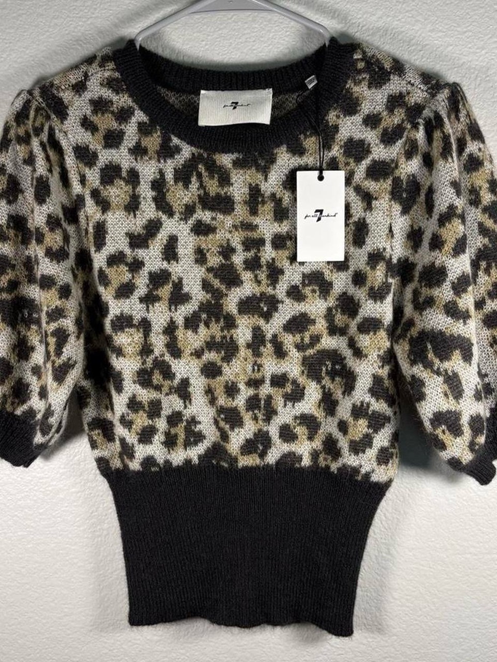 7 For All Mankind Leopard Print Puff Sleeve Sweater - Black/Cream/Brown